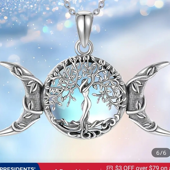 unknown Jewelry - Silver Tone Triple Moon Goddess with a Center Tree Of Life Necklace